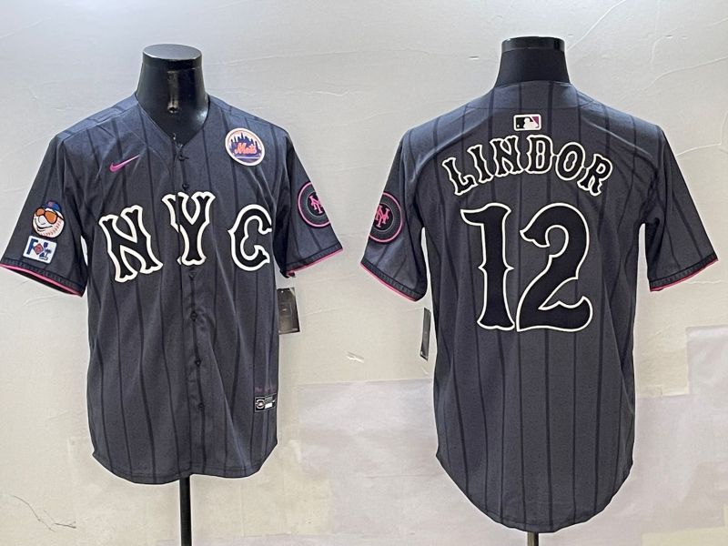 Men New York Mets #12 Lindor Black City Edition 2025 Nike MLB Jersey style 3